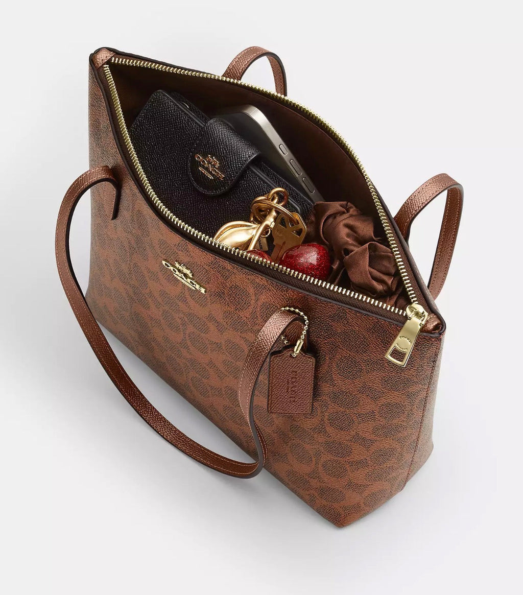 NWT Coach Fiona Zip Tote In Pearlized Signature Canvas & Metallic Smooth Leather