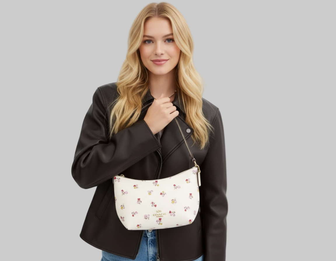 NWT Coach Zip Top Shoulder Bag with Floral print In Gold/Chalk Multi