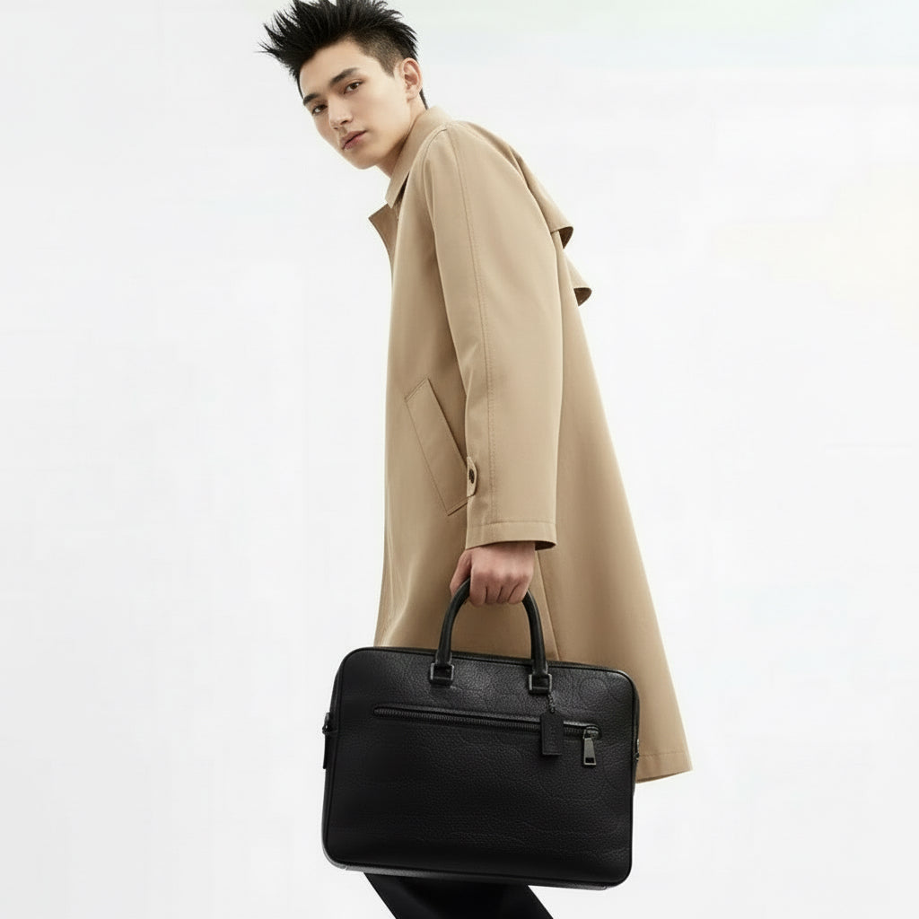 NWT Coach Ethan Slim Brief Laptop Bag In Signature Leather In Black
