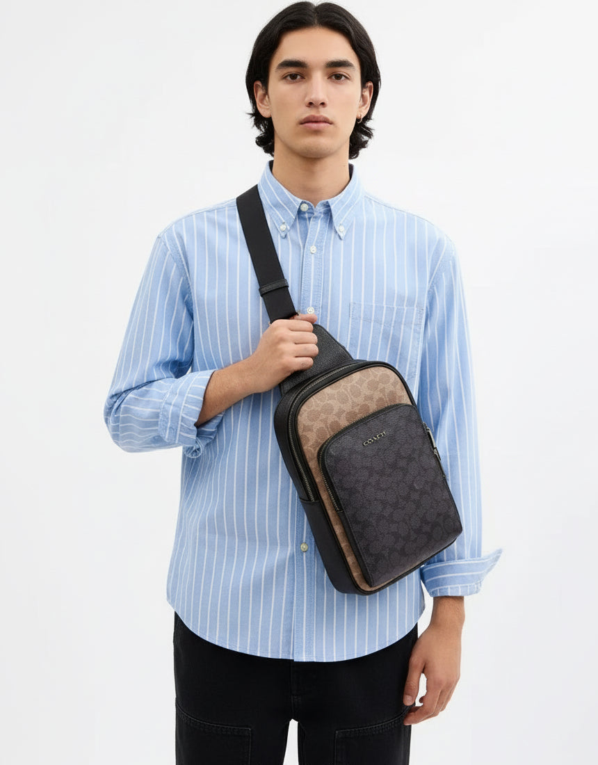 NWT Coach Ethan Pack Sling Bag In Blocked Signature Canvas & Leather