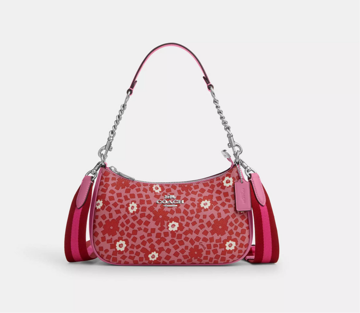 NWT Coach Teri Shoulder Bag With Floral Print In Silver/Pink Multi