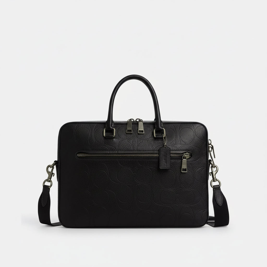 NWT Coach Ethan Slim Brief Laptop Bag In Signature Leather In Black