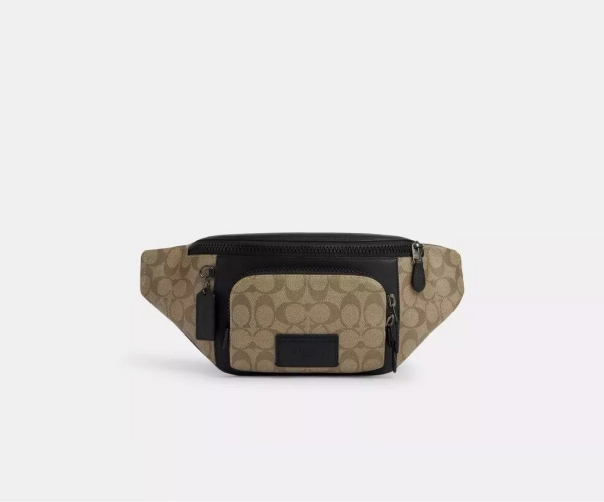 NWT Coach Men’s Warren Belt Bag In Signature Canvas & Soft Leather In Khaki/Black