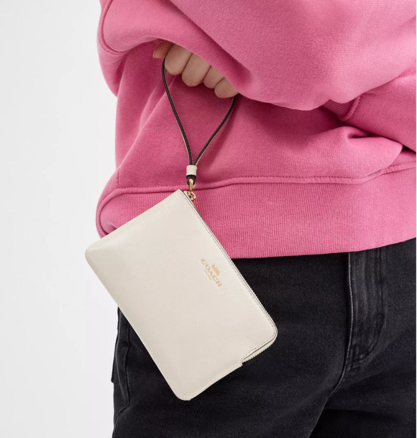 NWT Coach Patent Leather Corner Zip Wristlet In Gold/Pearl