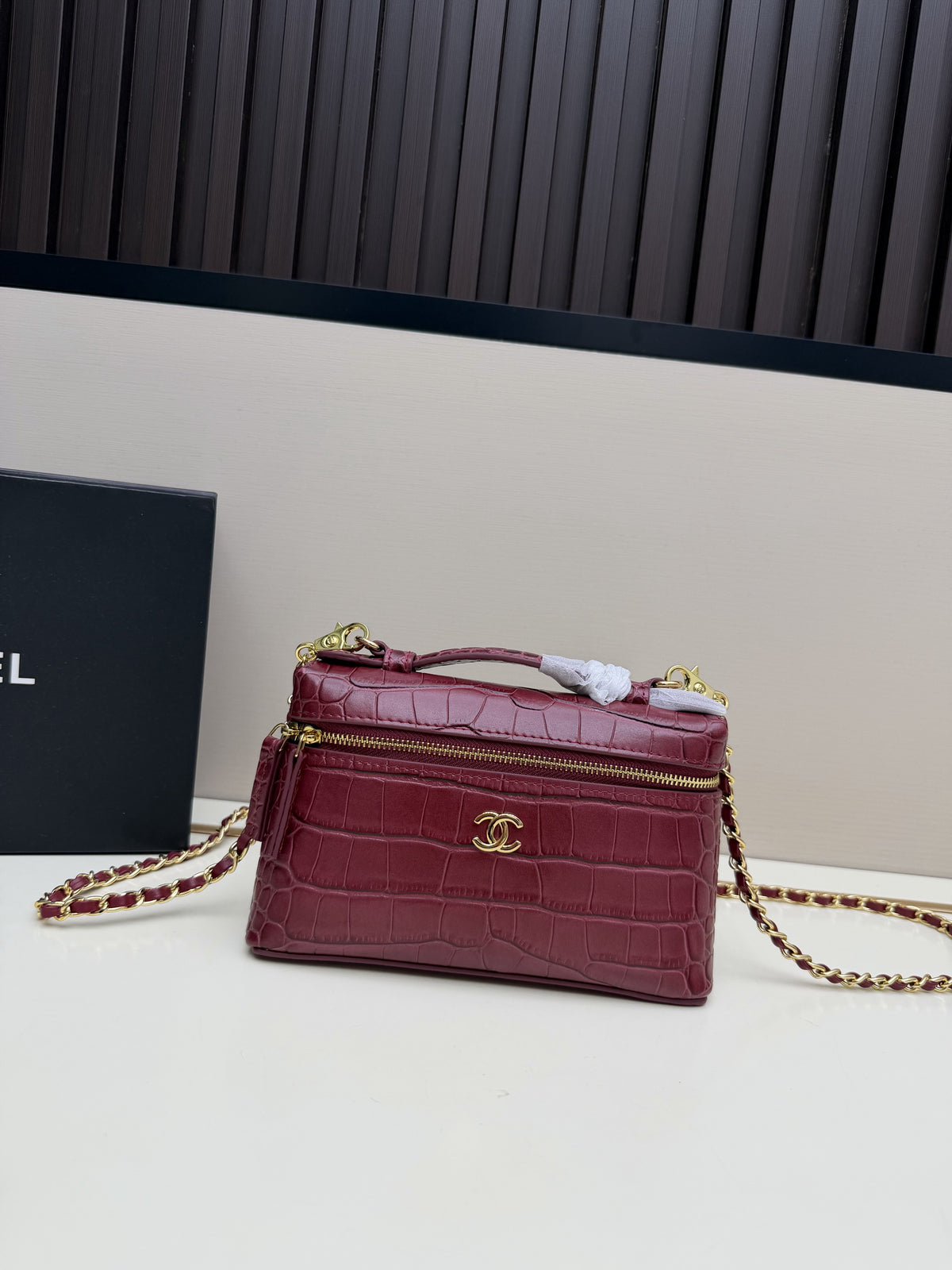 Chanel Burgundy Croc-Embossed Top-Handle Chain Bag