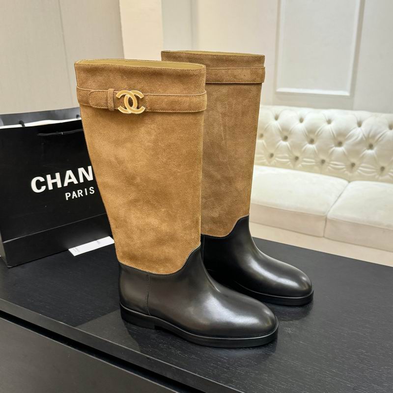 Chanel two-tone camel suede and black leather riding boots with gold CC logo hardware
