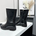 Chanel Black Croc-Embossed Patent Leather Mid-Calf Boots