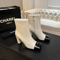 Chanel Cream Cap-Toe Block Heel Ankle Boots