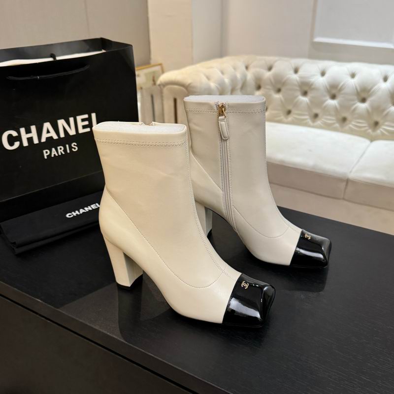 Chanel Cream Cap-Toe Block Heel Ankle Boots