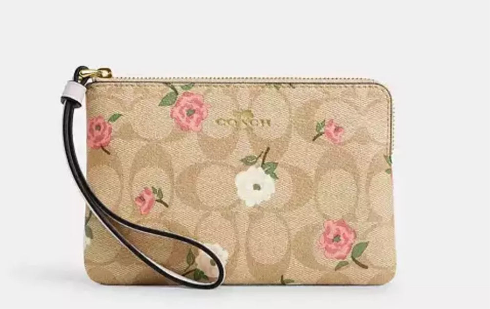 NWT Coach Corner Zip Wristlet Wallet In Signature Canvas & Leather With Floral Print