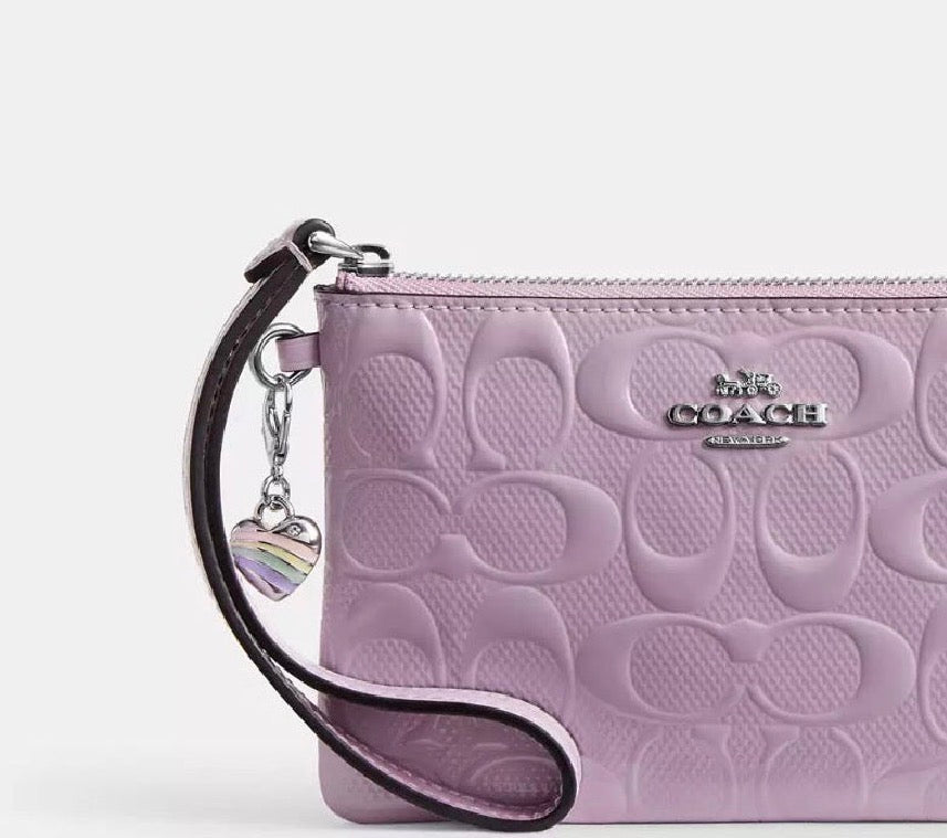 NWT Coach Corner Zip Wristlet Wallet In Signature Leather With Heart Charm In Silver/Light Violet