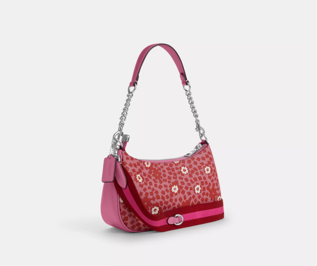 NWT Coach Teri Shoulder Bag With Floral Print In Silver/Pink Multi