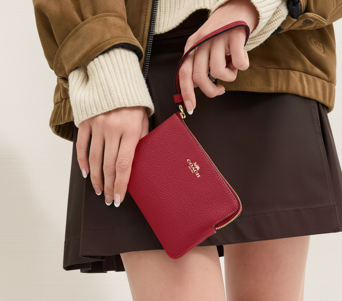 NWT Coach Leather Corner Zip Wristlet Wallet Gold/Red