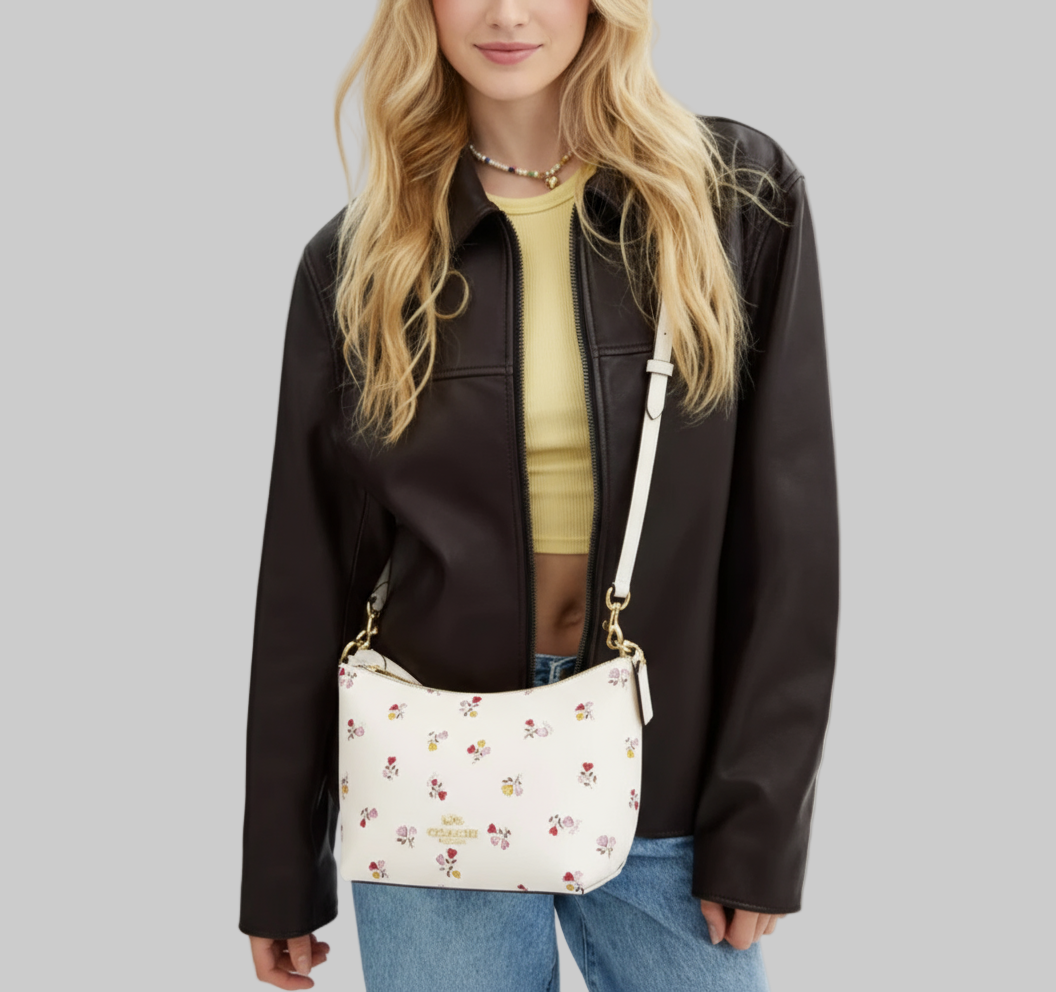 NWT Coach Zip Top Shoulder Bag with Floral print In Gold/Chalk Multi