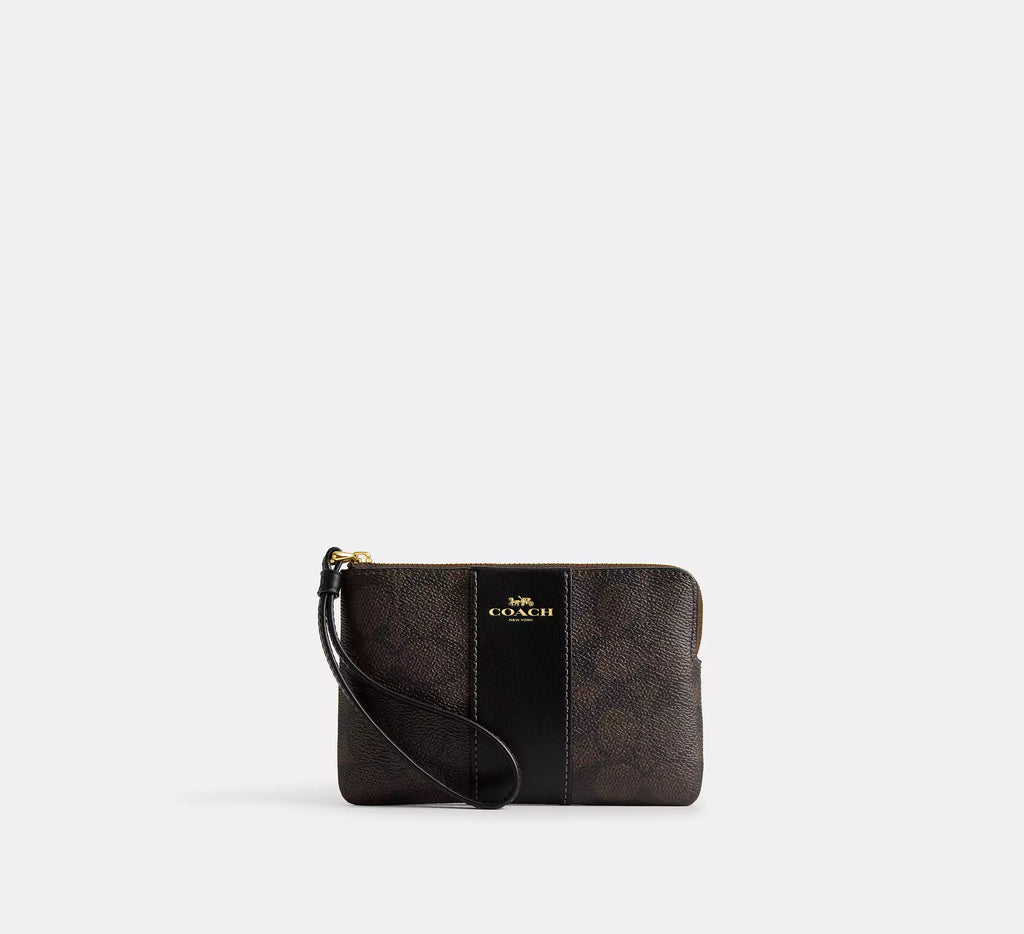 Coach Corner Zip Wristlet In Signature Canvas With Stripe