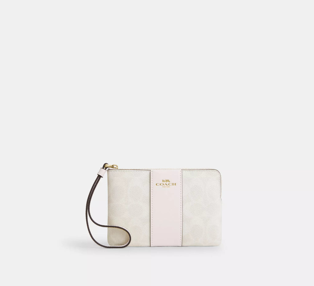 Coach Corner Zip Wristlet In Signature Canvas With Stripe