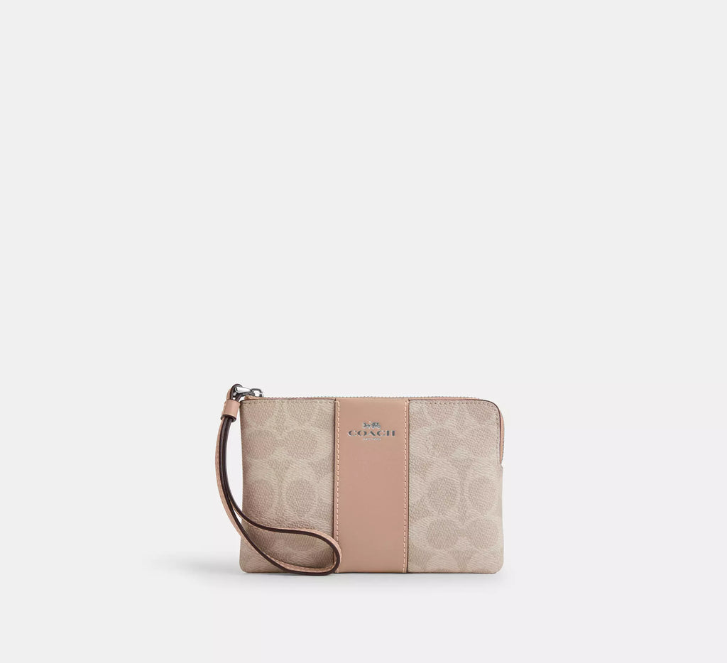 Coach Corner Zip Wristlet In Signature Canvas With Stripe