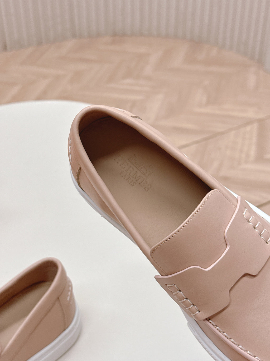 HERMES 25S SLIP-ON IN SOFT NUDE PINK LAMBSKIN