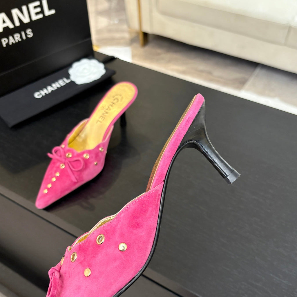 CHANEL HIGH HEEL MULE 65 MM IN DEEP PINK SUEDE