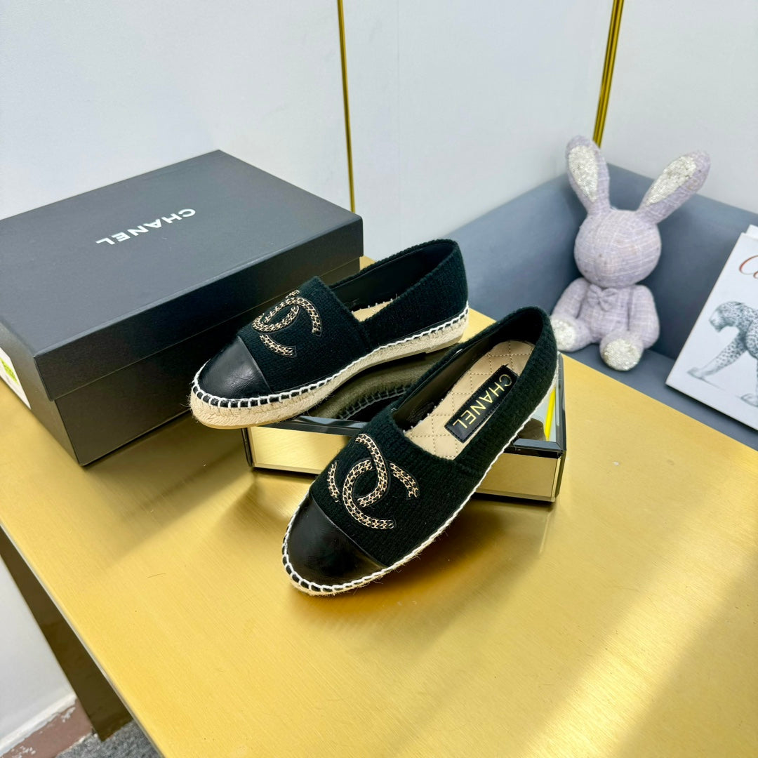 CHANEL ESPADRILLES PLATFORM 25S IN BLACK KNITTED WOOL AND LAMBSKIN