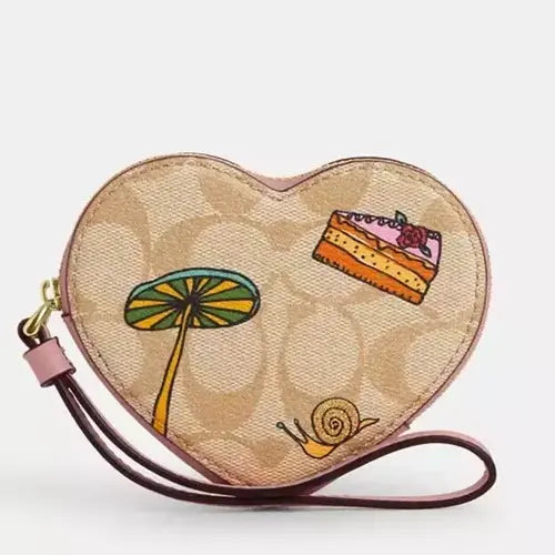 NWT COACH X Observed By Us Heart Coin Case In Signature Canvas & Leather